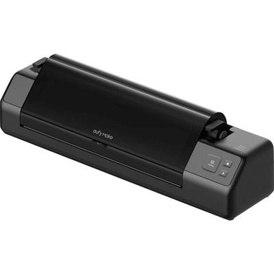 Black desktop laminator with a feed slot, control buttons, and indicator lights on the right side.