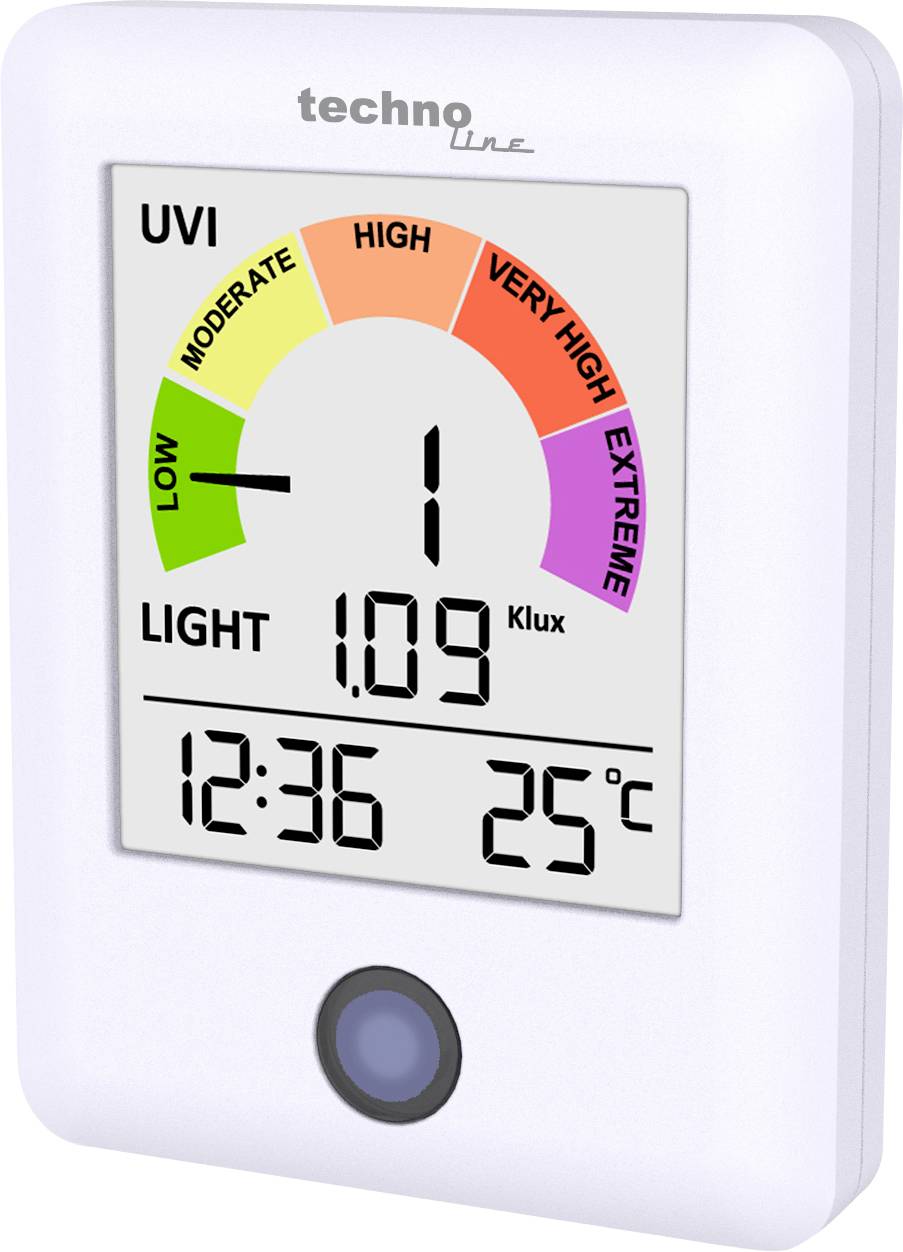 Digital UV meter display showing UVI 1 in the low range, light level 1.09 Klux, time 12:36, and temperature 25°C.
