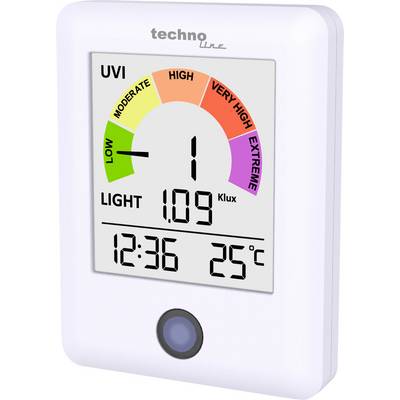 Digital UV meter display showing UVI 1 in the low range, light level 1.09 Klux, time 12:36, and temperature 25°C.