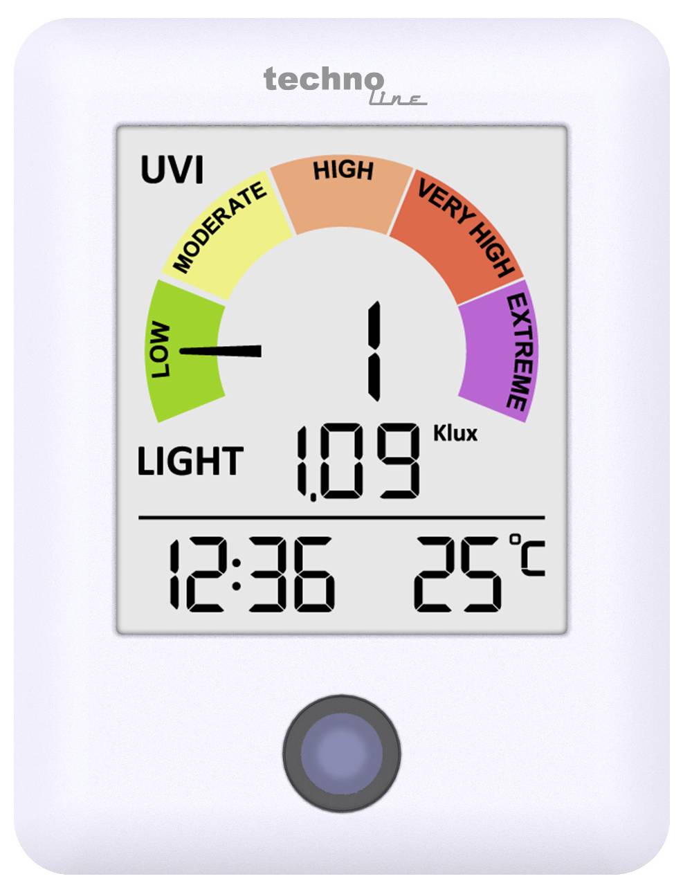 Digital UV and light meter showing UV index 1 in the low range, light level 1.09 klux, time 12:36, and temperature 25°C.