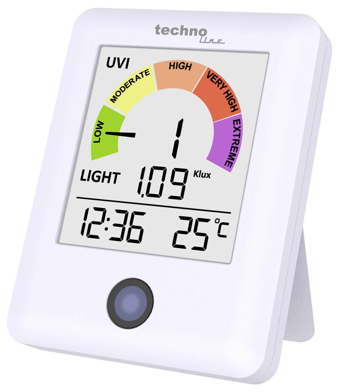 Digital UV/light meter display showing UV index 1 in the low range, light level 109 klux, time 12:36, and temperature 25°C.
