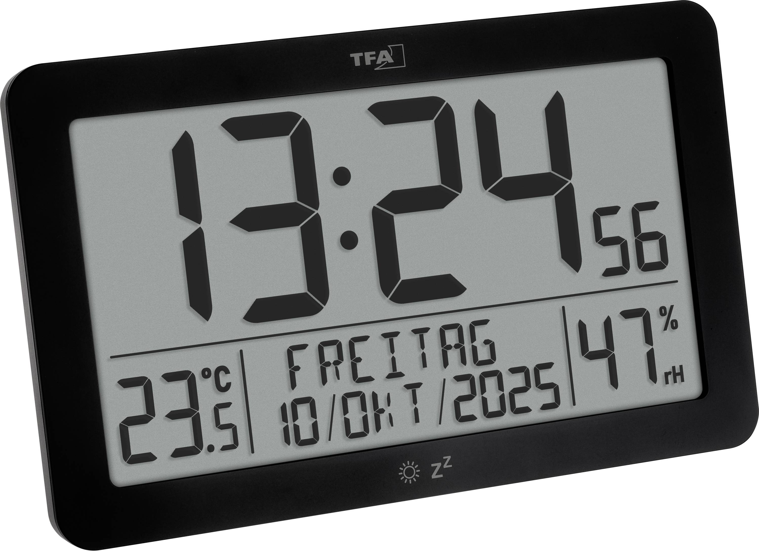 Digital clock/weather station showing 13:24:56, 23.5°C, 47% humidity, and the date Friday 10/01/2025.