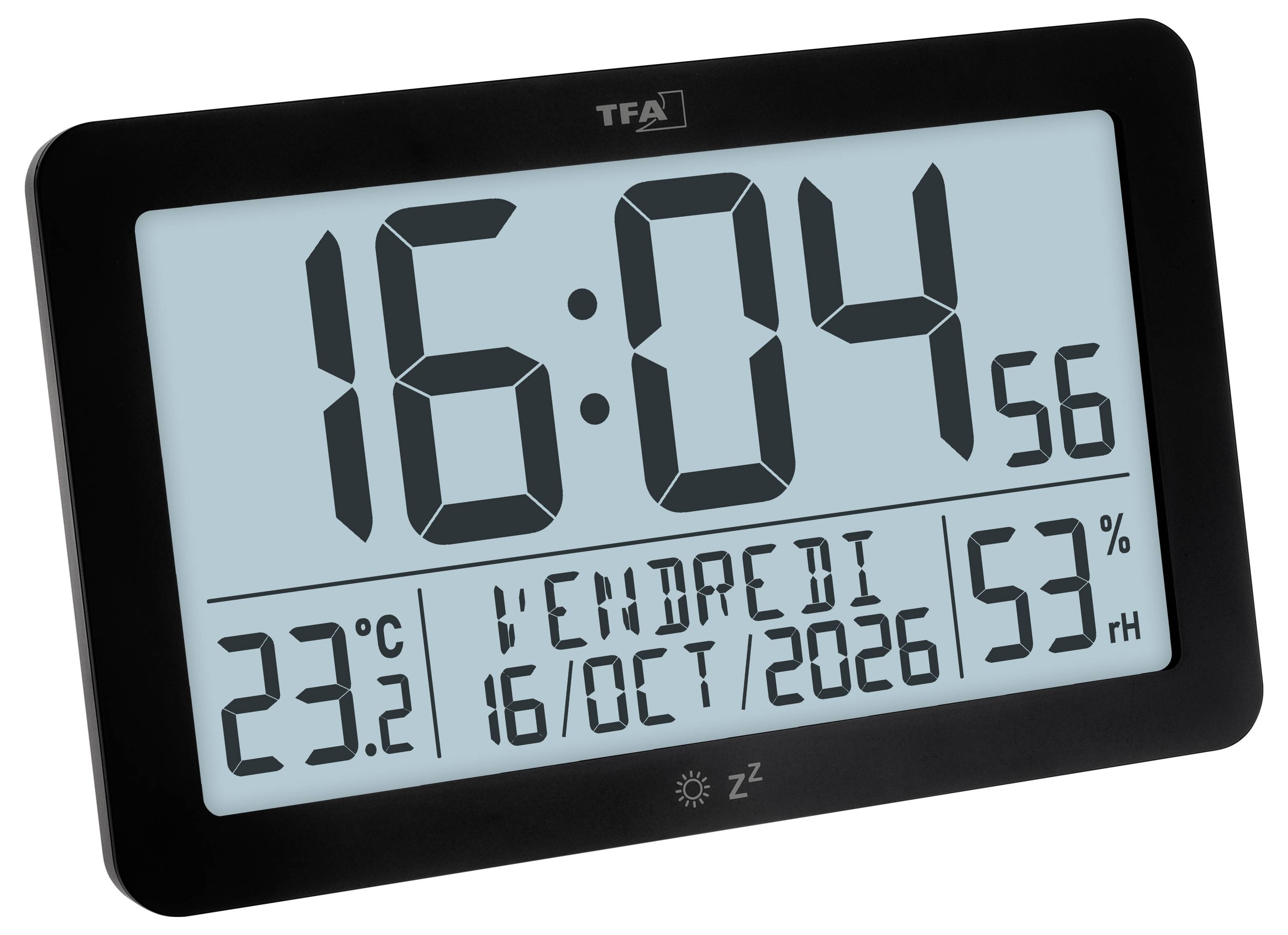 Digital thermometer-hygrometer displaying 16:04, 23.2°C, 53% RH, and date 16/OCT/2026 on a tilted black TFA device.<br>