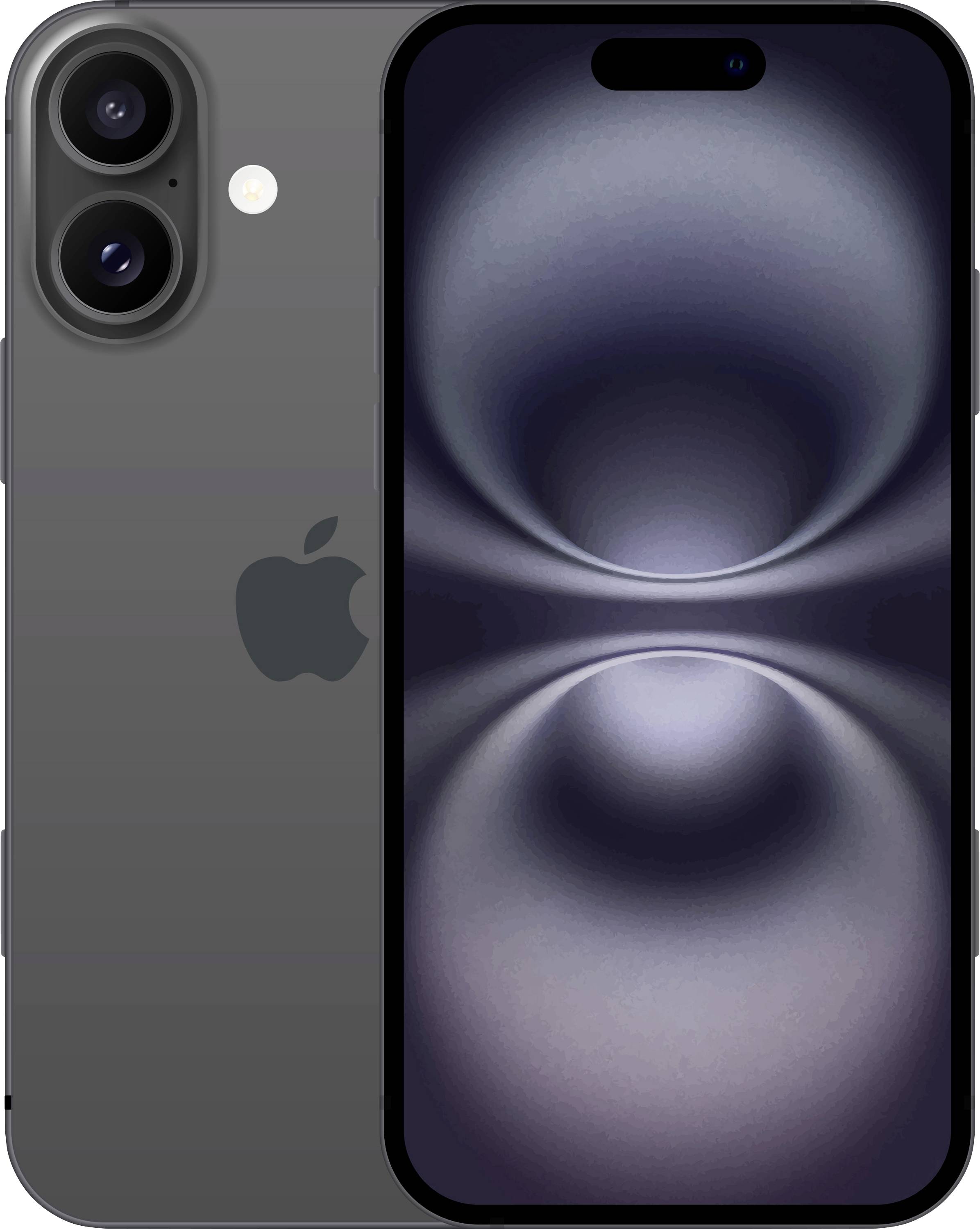 Front and back view of a dark gray iPhone with dual rear cameras and a centered pill-shaped front camera cutout.