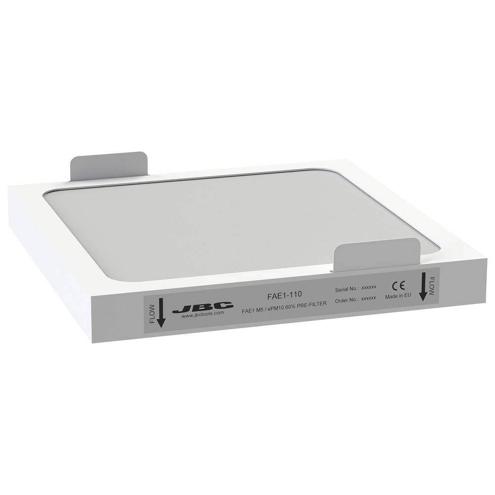 White rectangular JBC pre-filter unit with a gray top panel, two tabs, and front labels including 'FAE1-110' and airflow arrows.