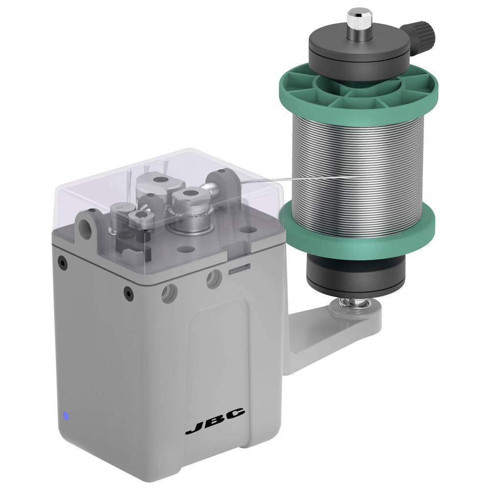 Industrial JBC soldering tool holder with a vertical metal wire spool mounted on the side.