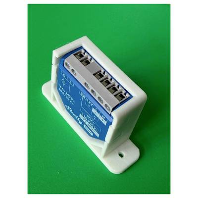 Blue electrical relay or control module in a white plastic mount on a green background<br>