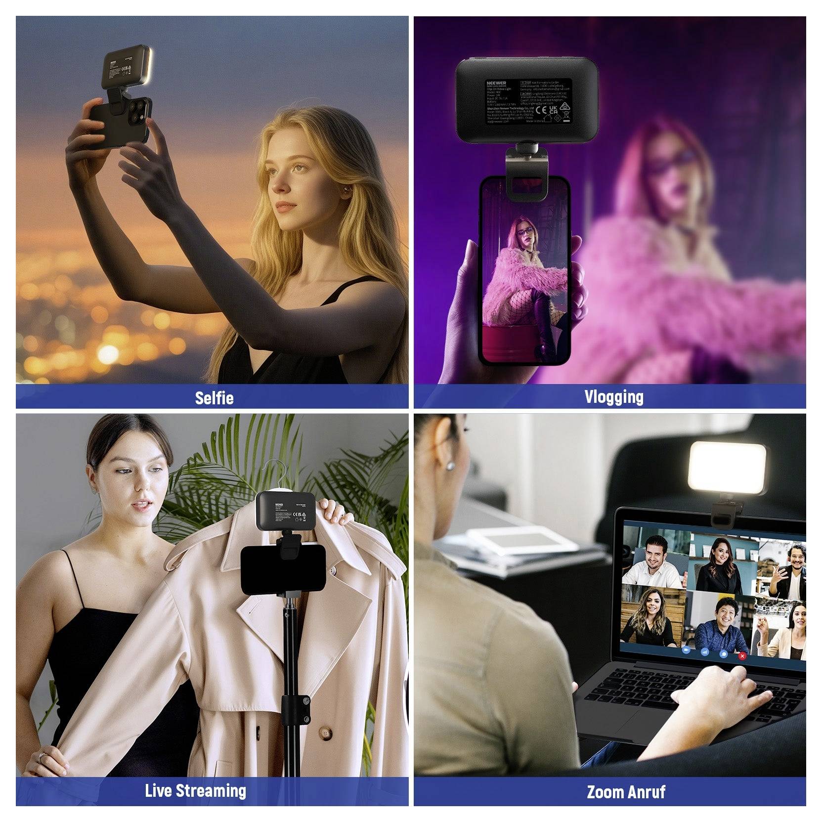 Four-panel collage of smartphone content creation: selfie, vlogging, live streaming with clothing, and a Zoom video call on a laptop.