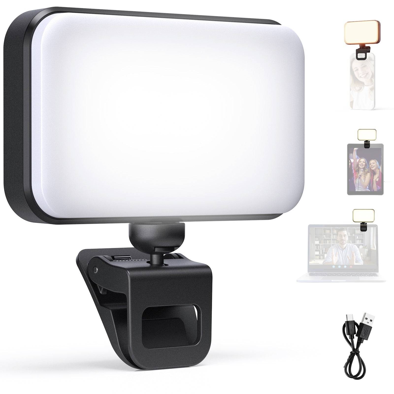 Clip-on rectangular LED video light with adjustable webcam mount, shown with a USB charging cable and small preview images of use on phones, laptops, and video calls.