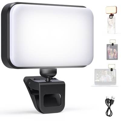 Clip-on rectangular LED video light with adjustable webcam mount, shown with a USB charging cable and small preview images of use on phones, laptops, and video calls.