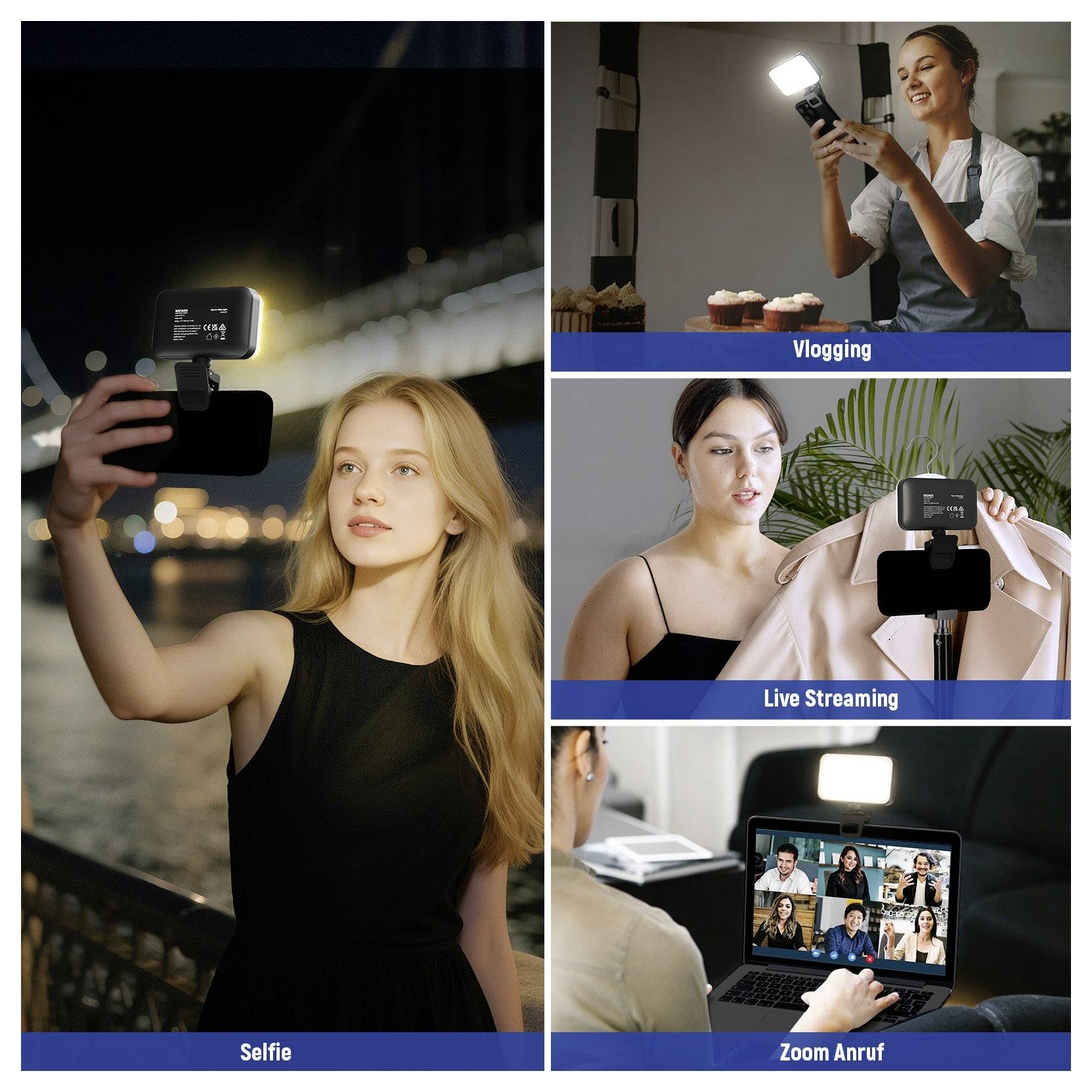 Collage showing a woman using a phone-mounted light/camera for selfie, vlogging, live streaming, and a Zoom call.