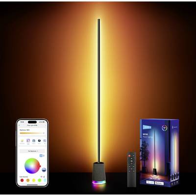 Tall black floor lamp with glowing warm light, app control shown on a phone, remote included, and product packaging beside it.