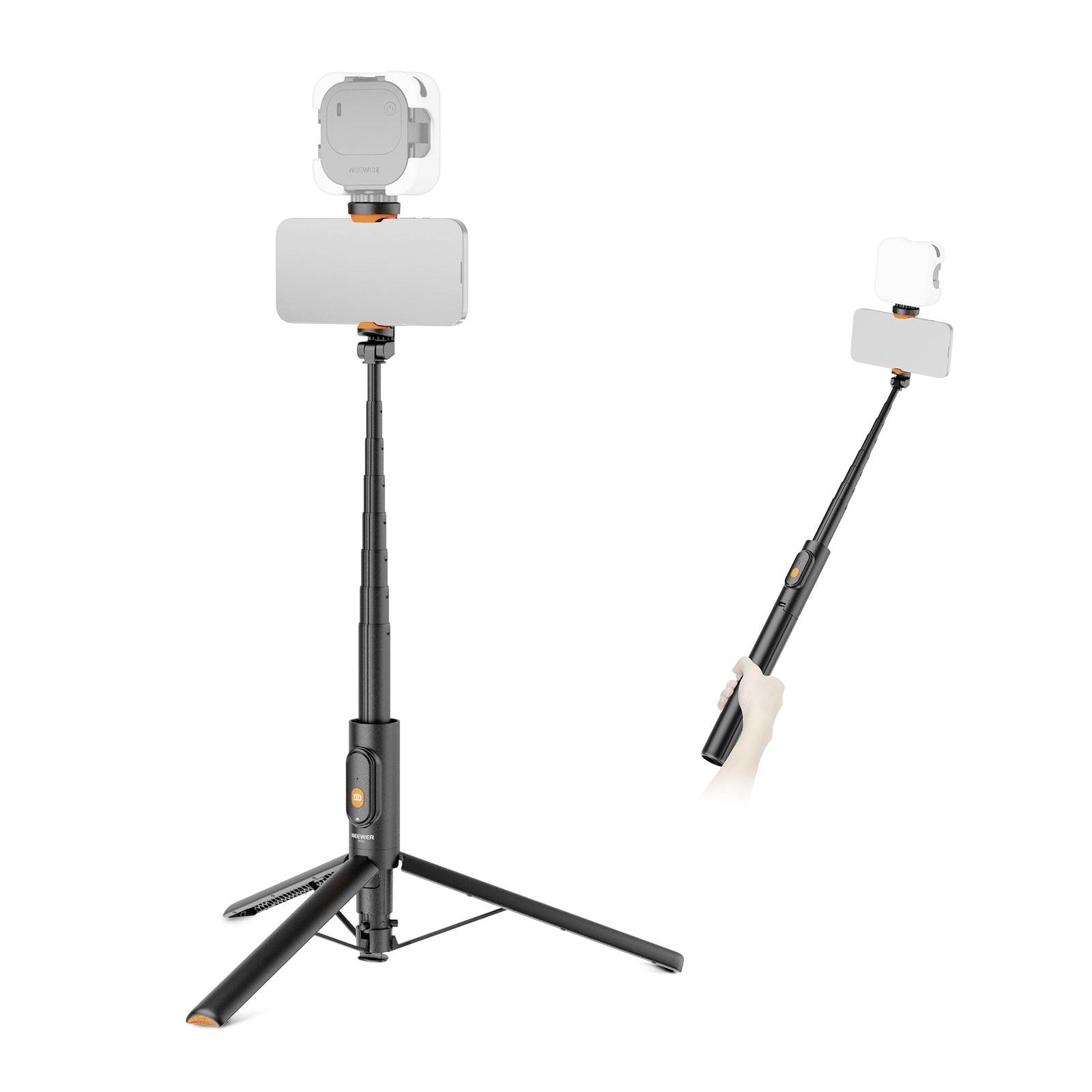 Foldable selfie stick tripod holding a phone and action camera, shown extended on three legs and handheld for shooting from a distance.