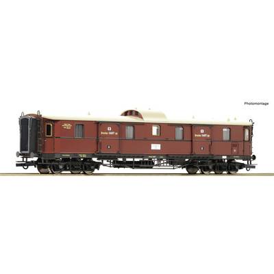 Side view of a maroon vintage railway mail coach or passenger carriage labeled "Photomontage," shown isolated on a white background.