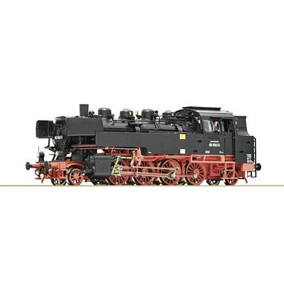 Side view of a black and red steam locomotive with many wheels, shown on a white background.