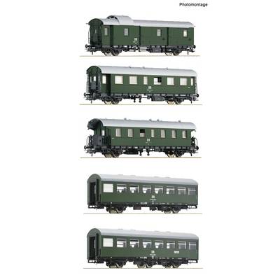 Photomontage of five green vintage passenger rail cars shown in side view, each with a gray roof and different window and door layouts.