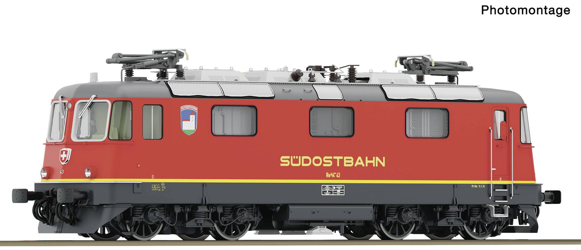 Red Swiss SÜDBAHN electric locomotive shown in side view on a white background.