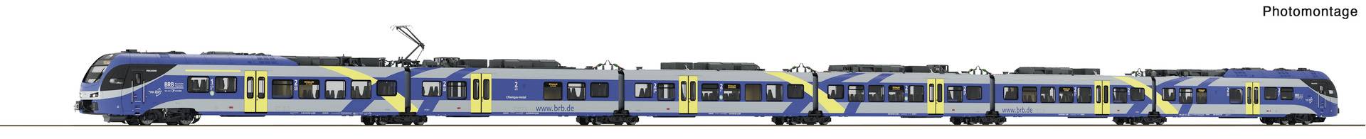 Photomontage of a blue-and-yellow multi-car passenger train on a white background, shown side view with several connected sections.