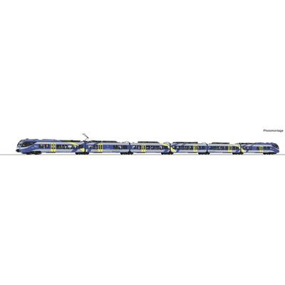Photomontage of a blue-and-yellow multi-car passenger train on a white background, shown side view with several connected sections.