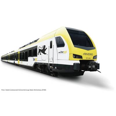 Modern yellow-and-white ARVERIO electric passenger train shown in three-quarter view on a white background.
