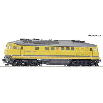Yellow and gray Bahnbau Group diesel locomotive shown in side view, labeled with DB logo and 'Bahnbau Gruppe'.