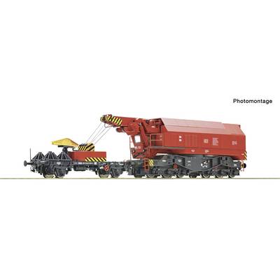 Photomontage of a red rail crane machine with a long boom lifting or coupling a railcar on tracks, shown side view on a white background.