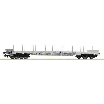 Side view of a flatbed railcar with black end sections, multiple upright posts, and a yellow wheel symbol on the center frame.
