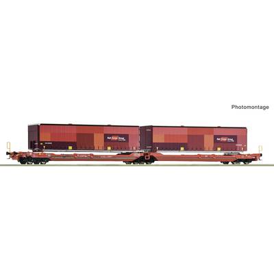 Photomontage of a red freight railcar with two large enclosed cargo containers on a flatbed train wagon, shown side view on a white background.
