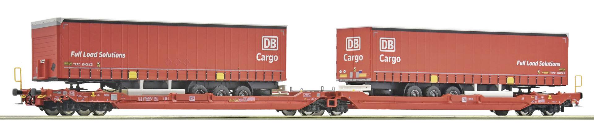 Two red DB Cargo intermodal rail wagons carrying tall red freight containers on a flatbed train car, shown side by side on a white background.