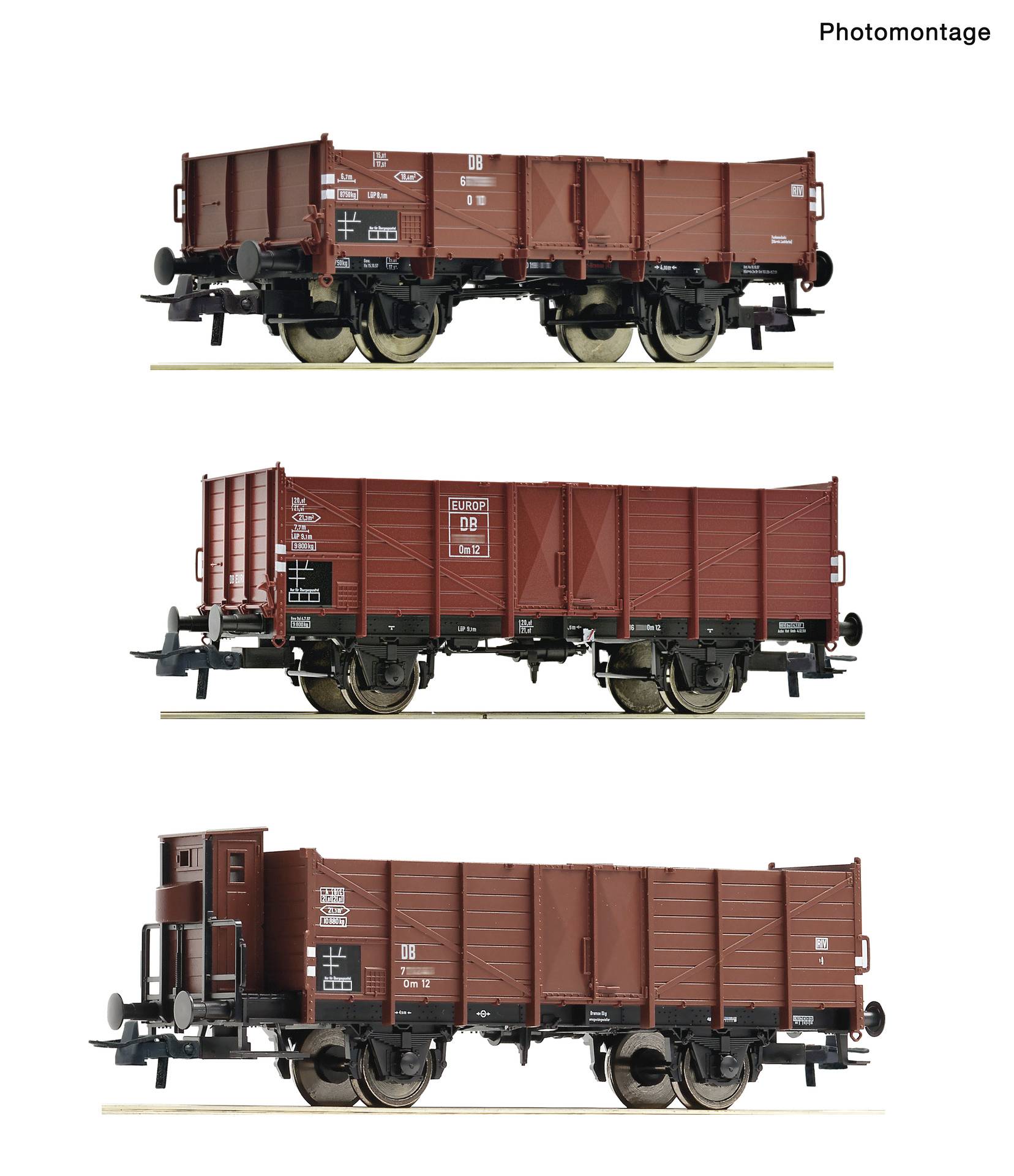 Photomontage showing three side views of red freight rail wagons of different designs, each isolated on a white background.