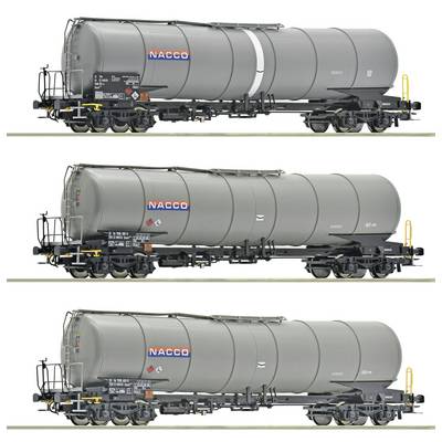 Three side-view images of gray NACCO tanker railcars, showing slight design variations and safety markings on a white background.
