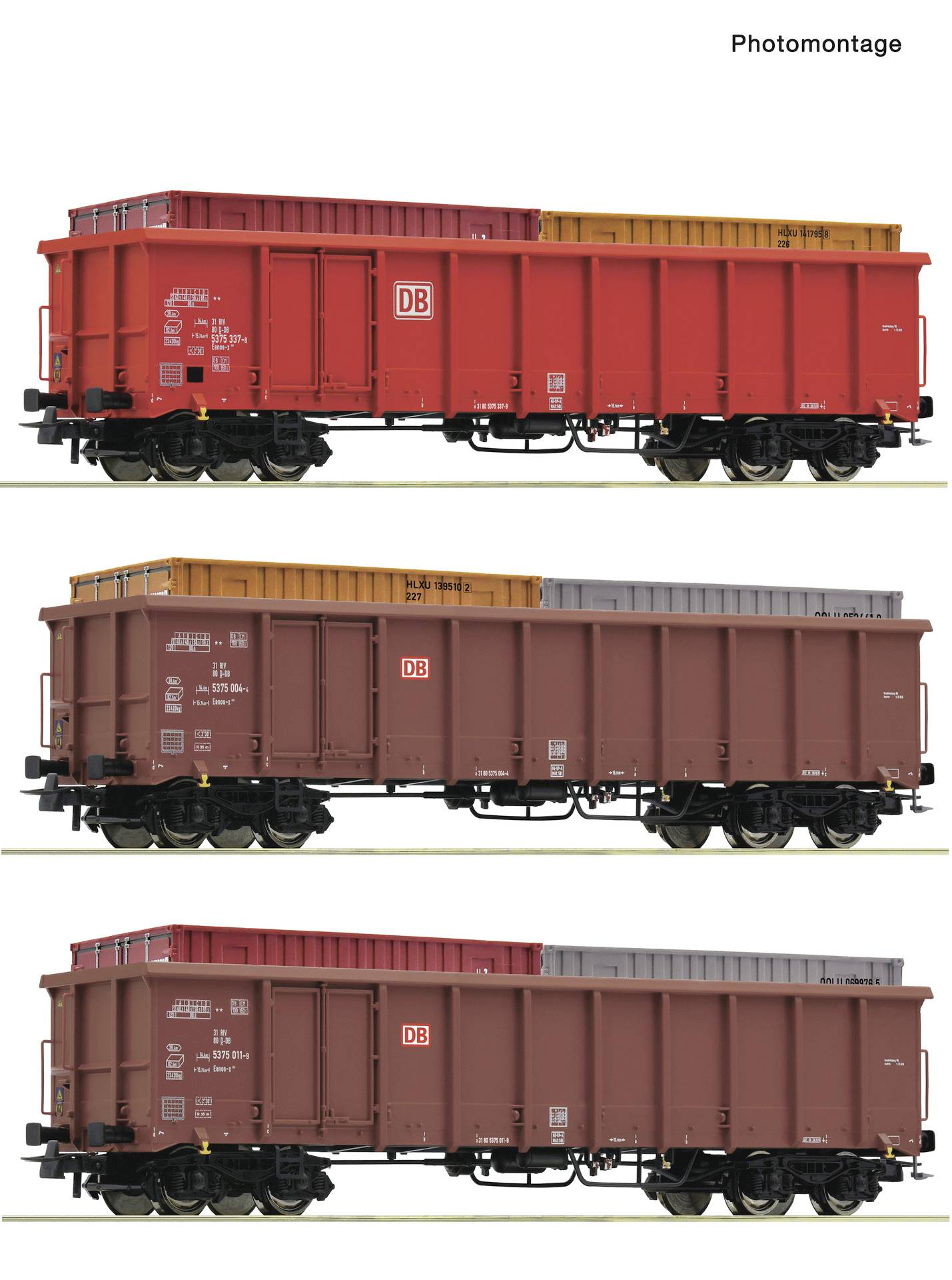 Photomontage of three DB freight railcars in red and brown, shown side by side on a white background with different cargo cover configurations.