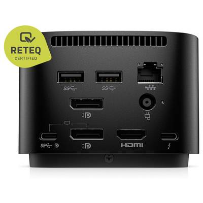 Rear view of a compact docking station showing multiple ports: USB-A, Ethernet, audio jack, DisplayPort, HDMI, and USB-C, with a Reteq Certified label.