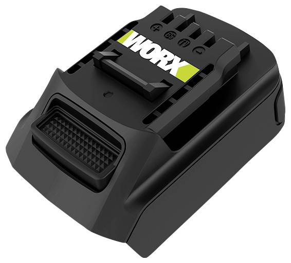 Black WORX battery charger docking station with visible battery slot and indicator icons on top.