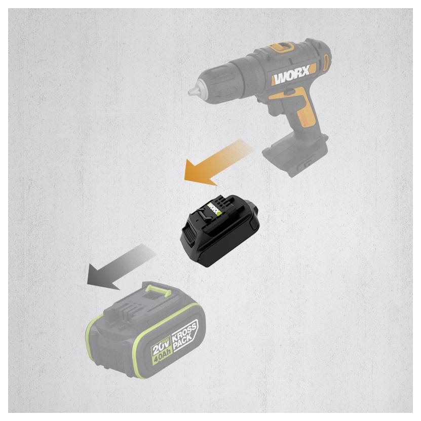 Illustration of a WORX cordless drill using a removable battery pack, with arrows showing compatibility between the drill and battery.<br>