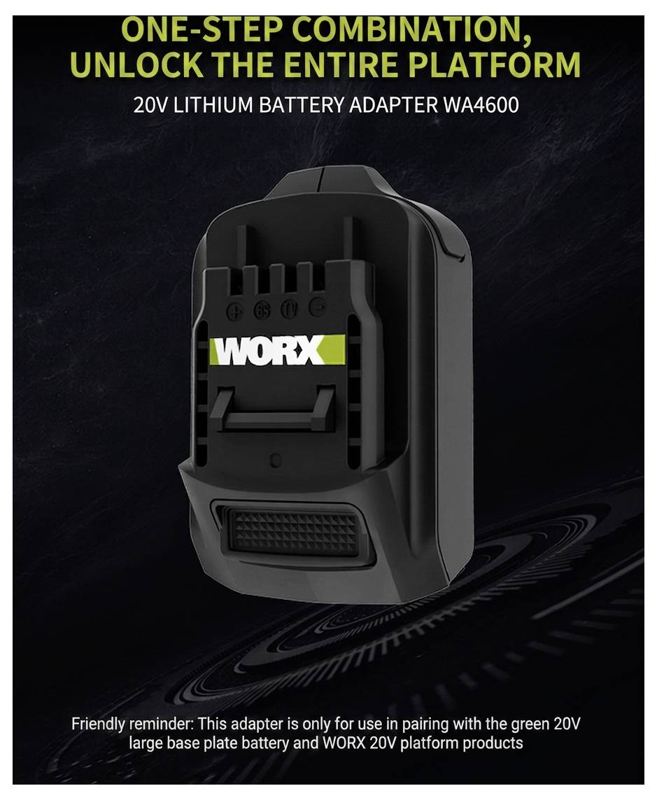 WORX 20V lithium battery adapter WA4600, shown as a one-step adapter to unlock the platform for green 20V battery and WORX 20V tools.