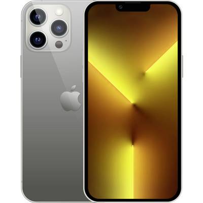 Silver iPhone shown front and back, with triple camera rear and gold abstract wallpaper on the display.