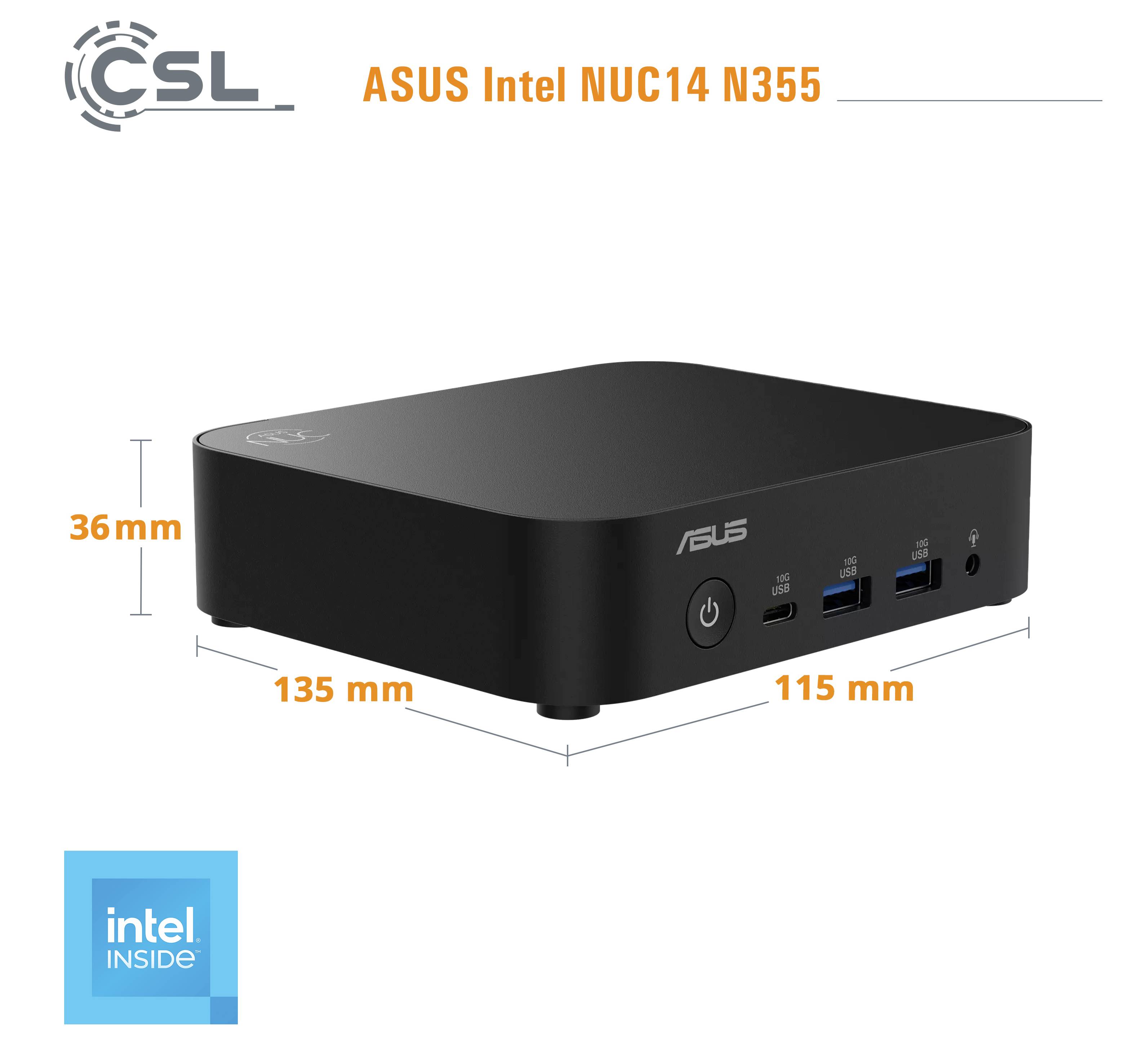 ASUS Intel NUC14 N355 mini PC shown with dimensions 135 mm by 115 mm by 36 mm and front ports/buttons visible.<br>