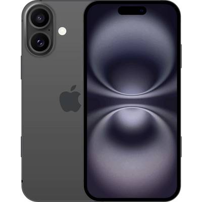 Front and back view of a dark gray iPhone with dual rear cameras and a purple abstract wallpaper on the display.