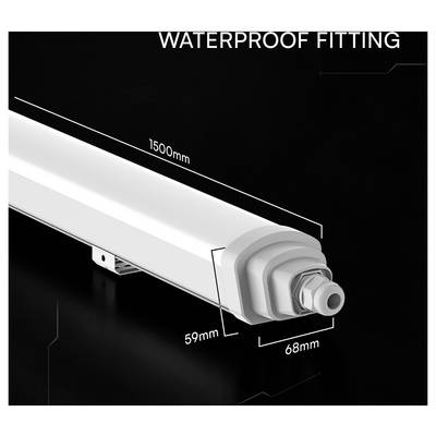 Diagram of a waterproof fitting light, labeled 1500mm long with 59mm and 68mm end dimensions.