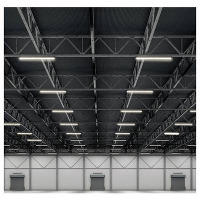 Empty warehouse interior with high metal truss ceiling, rows of fluorescent lights, and three closed loading bay doors along the back wall.