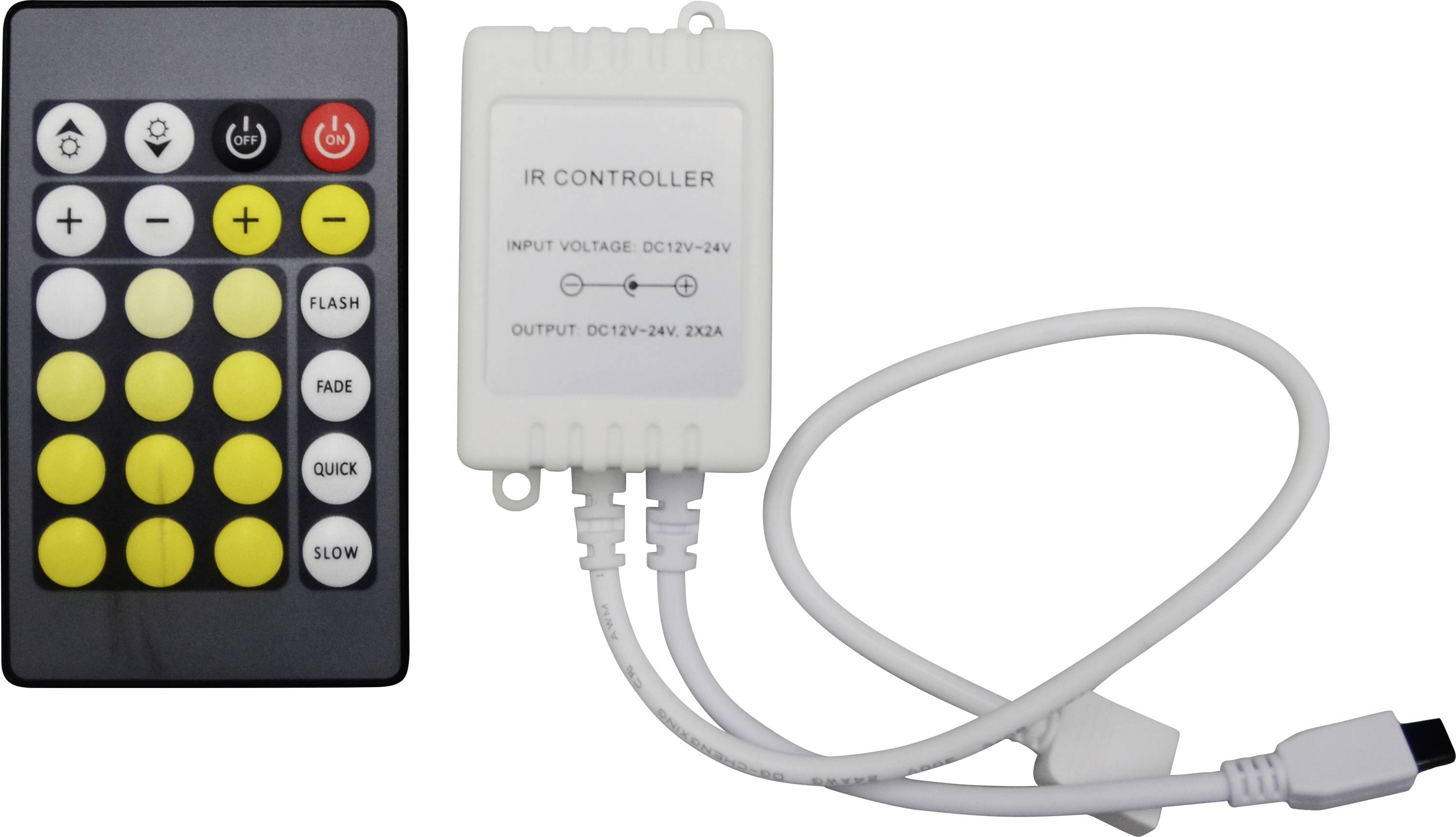 LED strip IR remote controller set with black remote, white receiver box labeled 'IR CONTROLLER', and connecting cable<br>