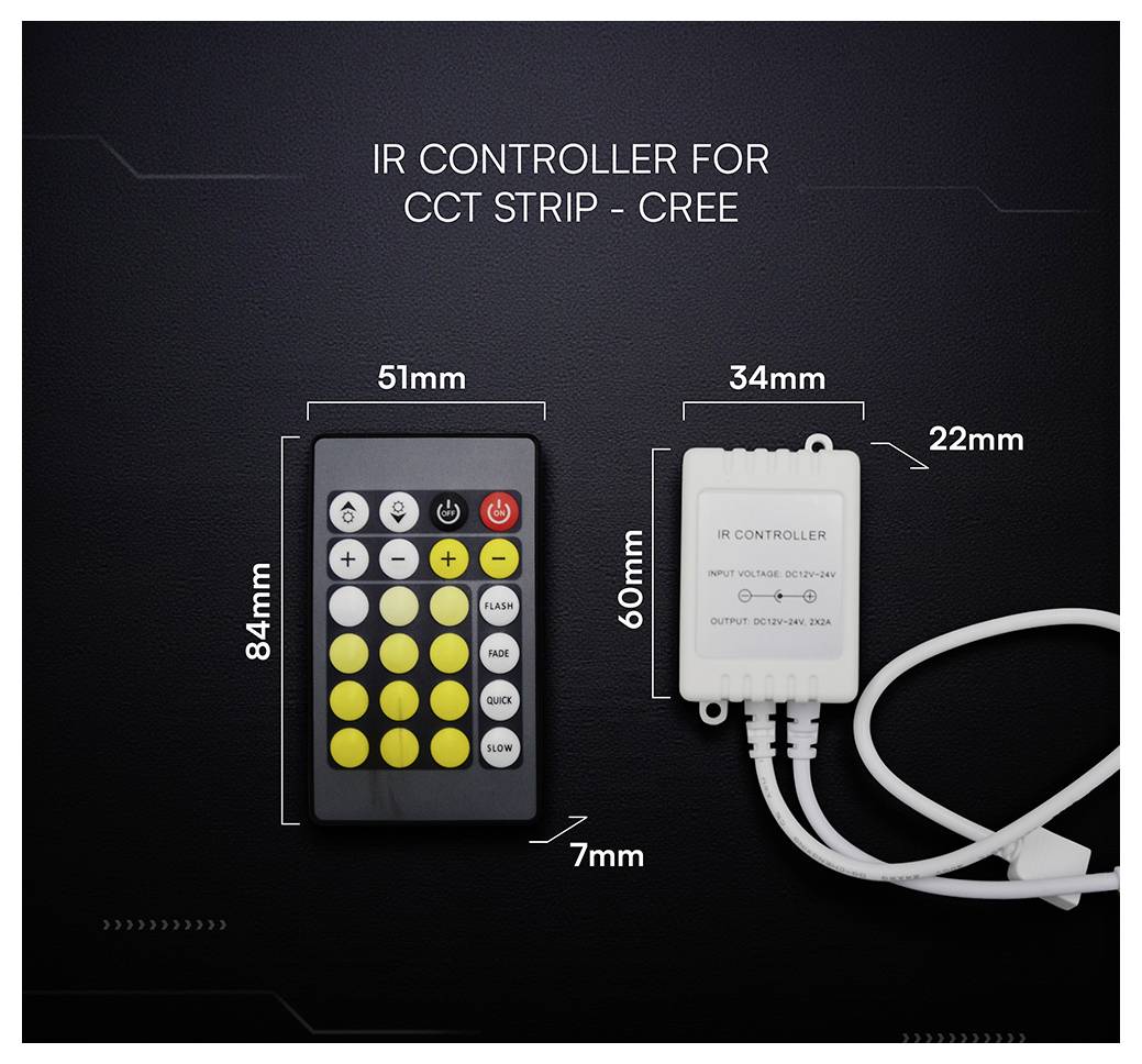 Product image of an 'IR controller for CCT strip - CREE' showing a black remote and white receiver box with labeled dimensions: remote 51mm x 84mm x 7mm, receiver 34mm x 60mm x 22mm.