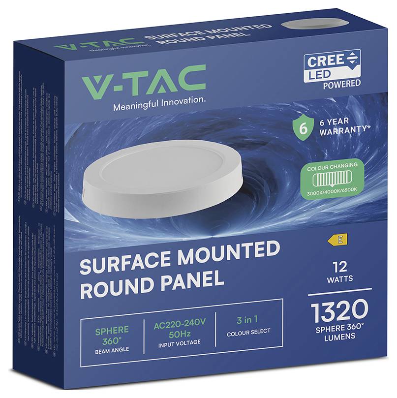 Box packaging for a V-TAC surface mounted round LED panel, showing a white circular light, 12 watts, 1320 lumens, 3-in-1 colour select, and 6-year warranty.