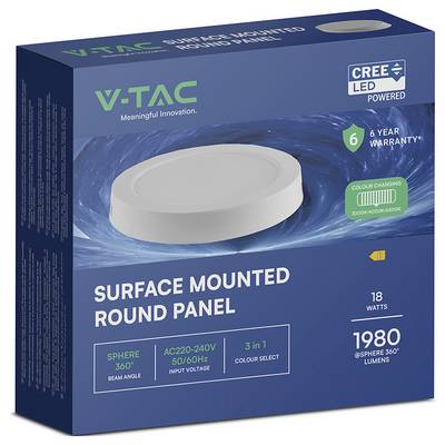 Packaging for a V-TAC surface mounted round LED panel, showing a white circular light, 'CREE LED powered', 18W, 1980 lumens, 6-year warranty, color changing.