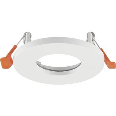 A recessed round ceiling light with a white trim ring, metal spring clips, and an adjustable inner reflector.