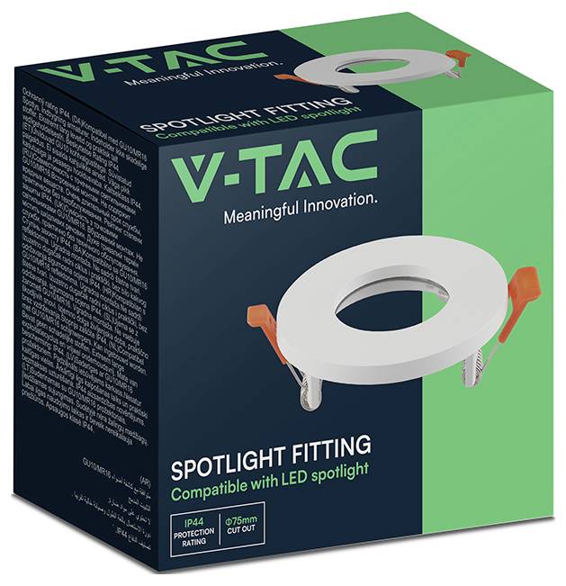 V-TAC spotlight fitting box for compatible LED spotlights, showing a white recessed light trim and the text 'Meaningful Innovation' and 'IP44 protection rating'.<br>