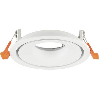 White recessed round LED ceiling light with spring clips and orange installation tabs shown from below.