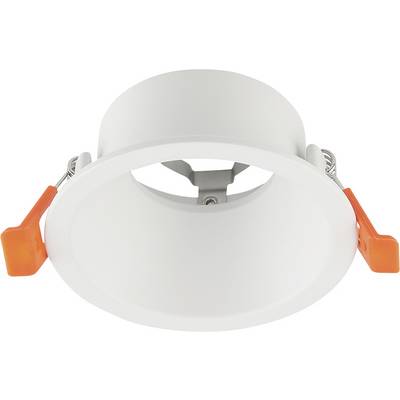 White recessed ceiling light with orange spring clips, shown from below on a white background.
