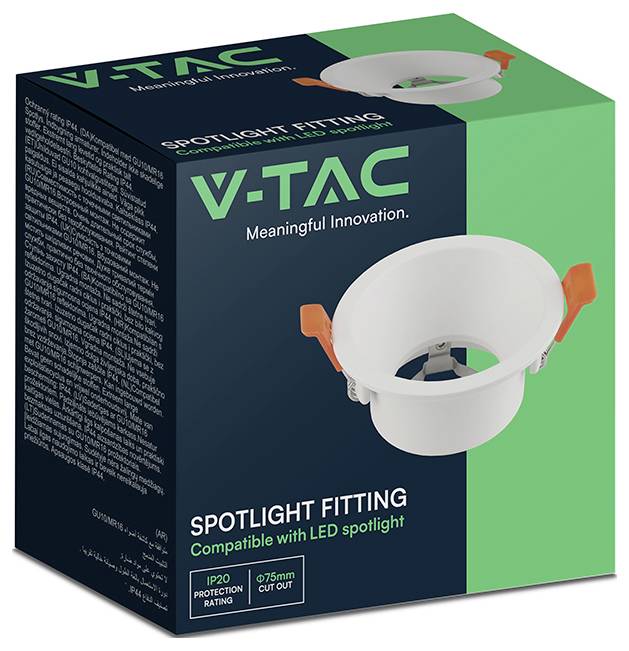 Product box for V-TAC spotlight fitting, showing a white recessed light trim with orange clips; labeled 'Compatible with LED spotlight', IP20, and '75mm cut out'.<br>